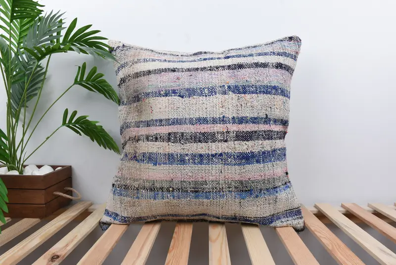 Turkish Kilim Pillow, Vintage Pillow, 24x24 Blue Cushion, Pillow for Sofa, Ethnic Throw Pillow, Pillow Cover, Tribal Cushion Cover - 1