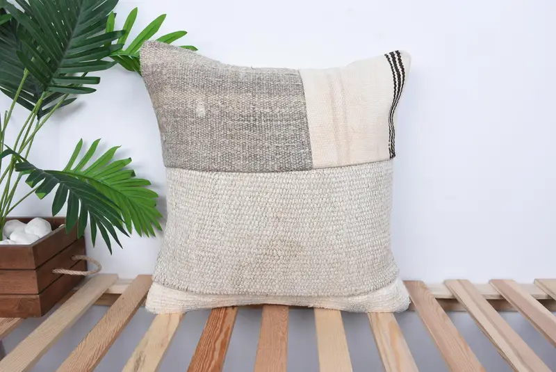 Cushion Case, Turkish Kilim Pillow, Kilim Pillow Cover, Pillow for Sofa, 18x18 Beige Pillow Case, Ottoman Cushion, Turkish Corner Pillow Case - 1