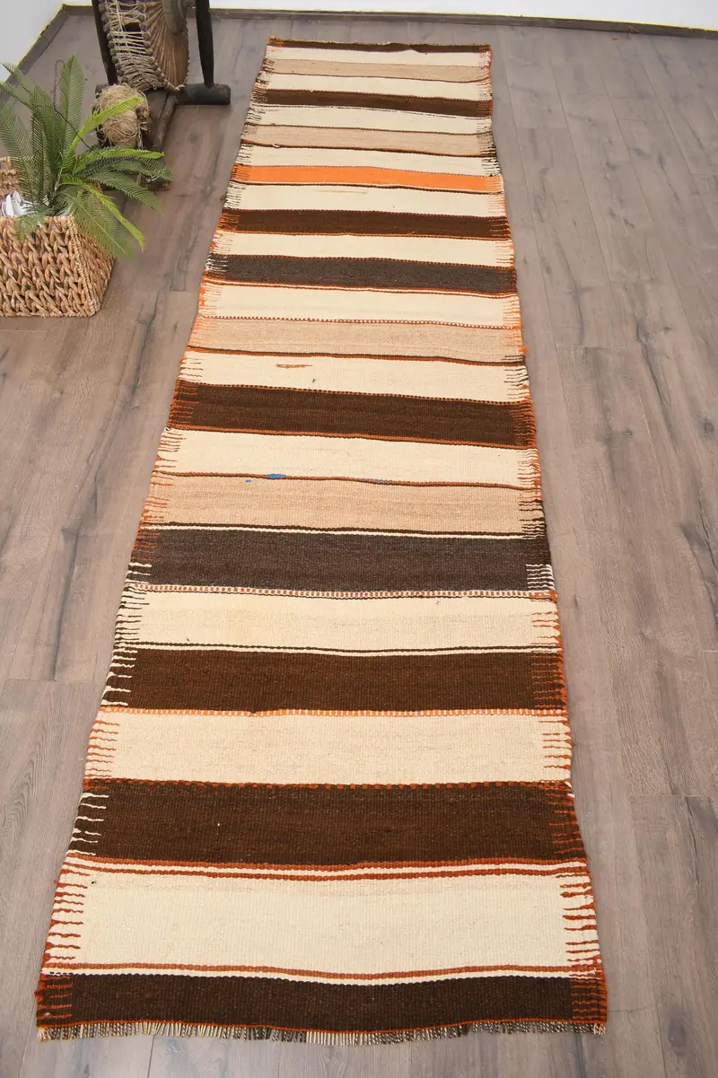 Vintage Runner Halı, 2.8x11.4 ft Türk Halısı, Kahverengi Yün Halı - 1