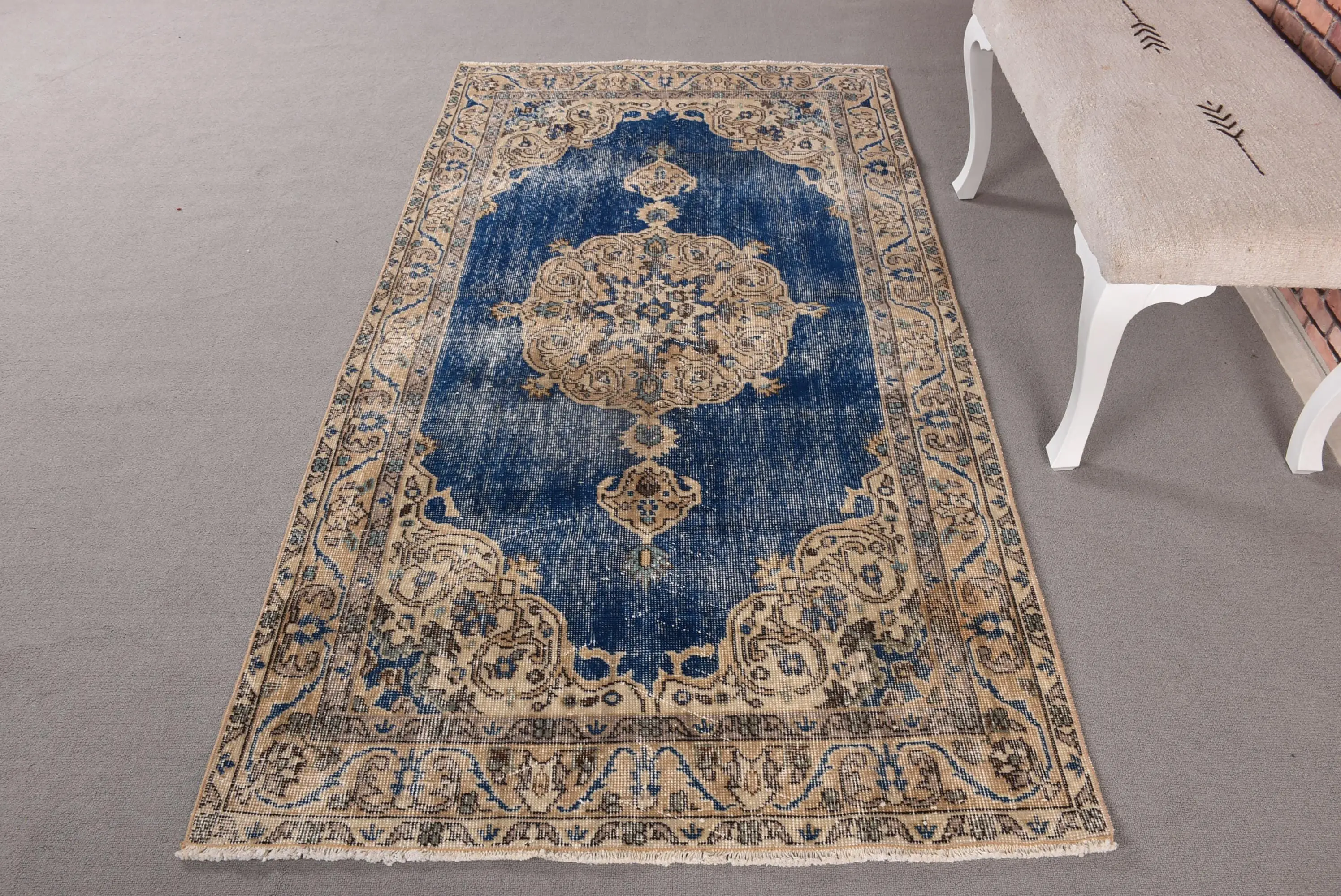 Vintage Rug, Area 3.8x6.9 ft Rug, Blue Ikat Rug - 1