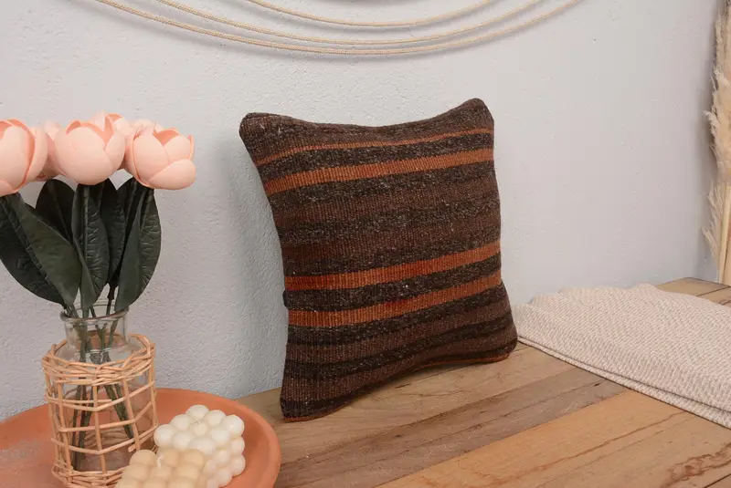 Gift Pillow, Pillow, Handmade Kilim Cushion, Home Decor Pillow, Pastel Cushion Case, Farmhouse Pillow Case, 14x14 Brown Pillow Cover - 1