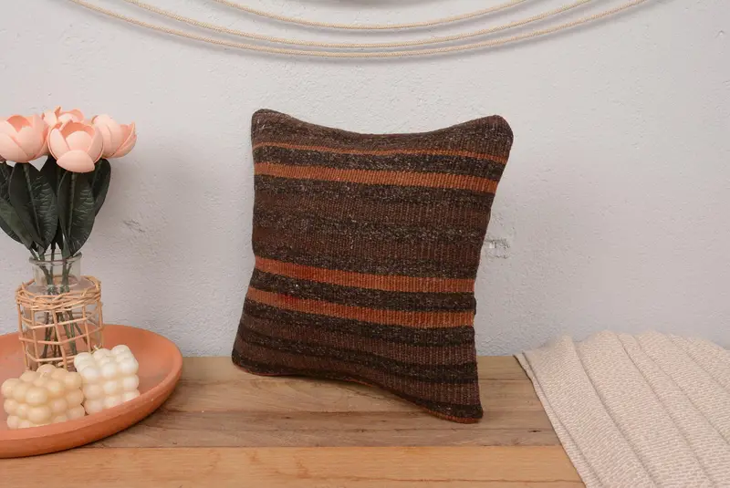 Gift Pillow, Pillow, Handmade Kilim Cushion, Home Decor Pillow, Pastel Cushion Case, Farmhouse Pillow Case, 14x14 Brown Pillow Cover - 4