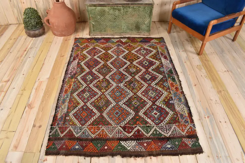 Kırmızı, Yeşil Patchwork Halı 4,3x5,7 ft, Benzersiz Tasarım