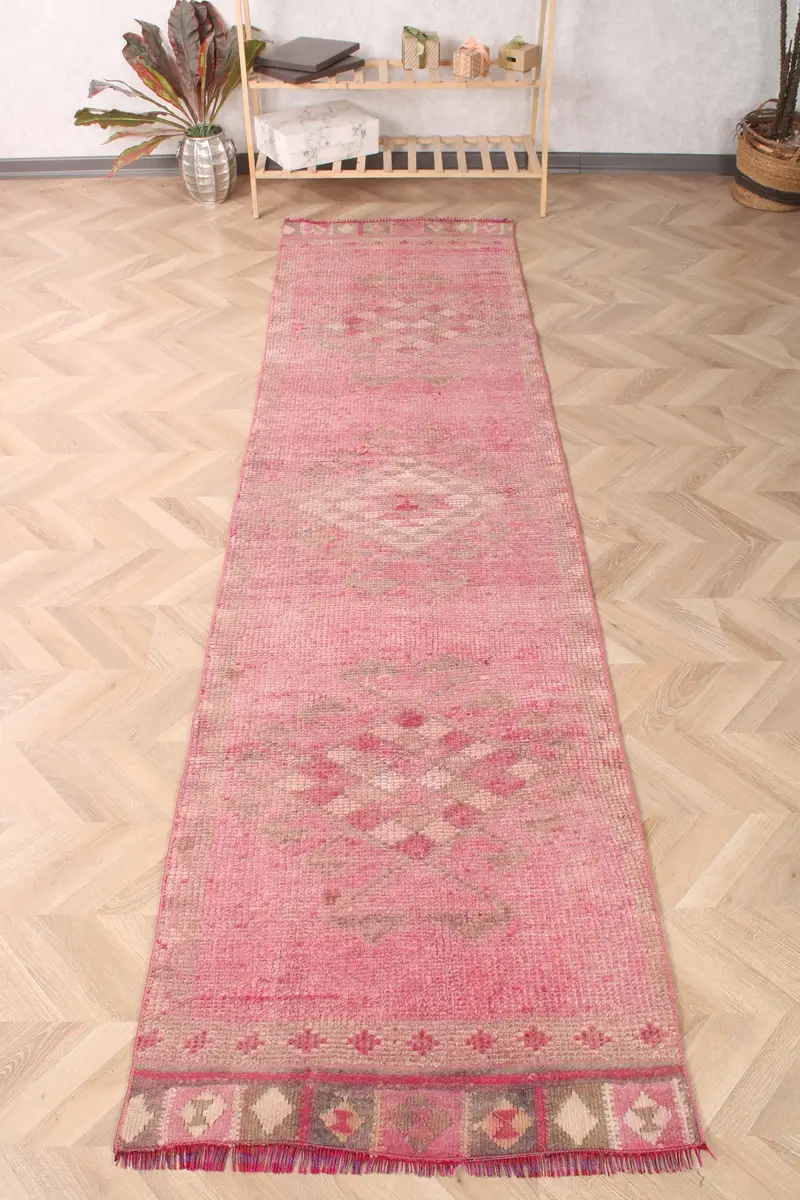 2.8x10.2 ft Runner Vintage Turkish Rug, Pink Oriental Wool Rug - 1