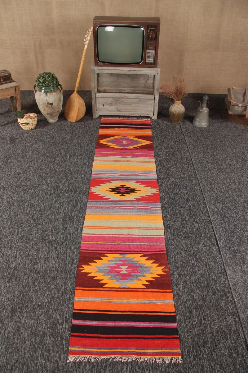 Alfombra de 2x9,2 pies, alfombra turca vintage runner, alfombra de lana roja Oushak - 1
