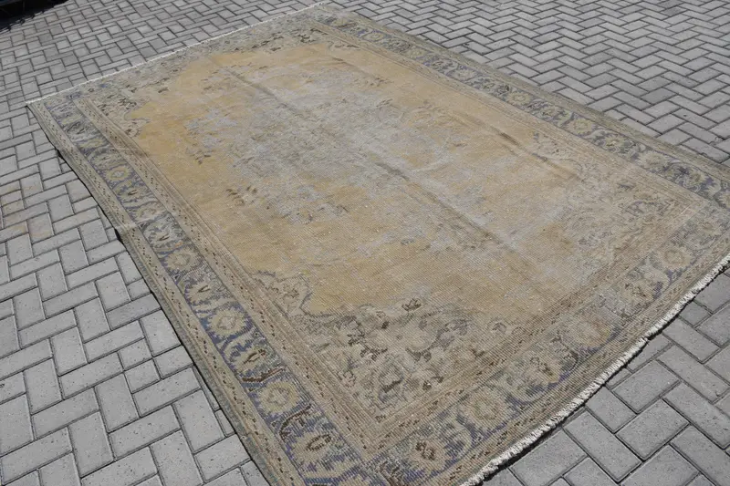 Turkish Vintage Oushak Oversize Rug 7.4x11.2 ft, Beige Check Rug Wool - 1