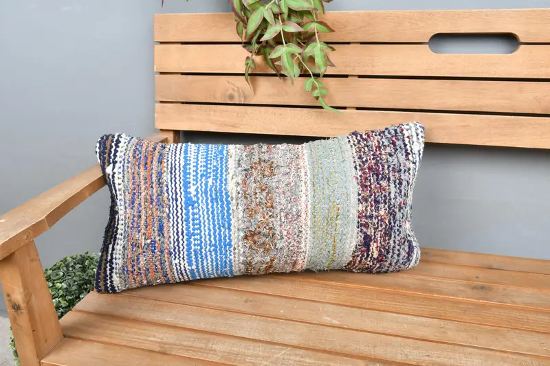 Blau & Orange gestreiftes Kissen, Vintage besticktes Kissen