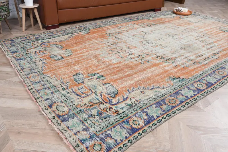 5.6x9.5 ft Rug, Vintage Turkish Rug, Oushak Orange Floral Rug - 1
