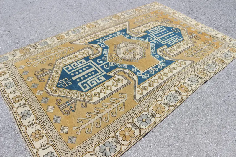 Türk Vintage Halı 5.3x9.1 ft, Mavi Oushak Katı Halı - 1