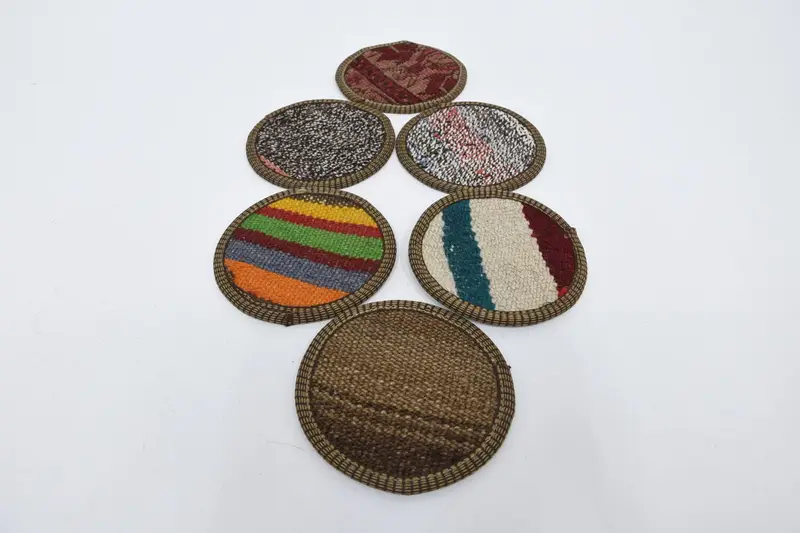 Kahverengi ve Yeşil Kilim Bardak Altlığı, Etnik Dokuma Pad Bardak Altlığı