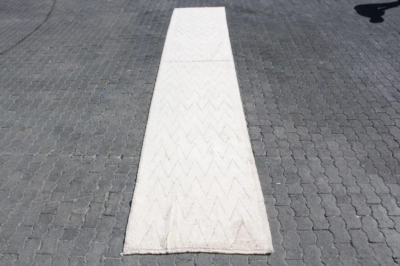 Turkish 3.1x16.4 ft Rug, Runner Vintage Rug, White Gray Oriental Rug - 1