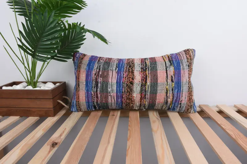 Tribal Pillow, Muted Cushion Case, Boho Pillow, Vintage Kilim Throw Pillow, 12x24 Blue Cushion, Toss Pillow, Vintage Pillow, Pillow Cover - 1