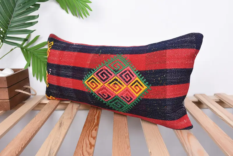 Ikat Pillow Sham, Cushion Case, 12x24 Red Cushion, Turkish Rugs Cushion, Turkish Pillow, Interior Designer Pillow, Antique Pillows - 5