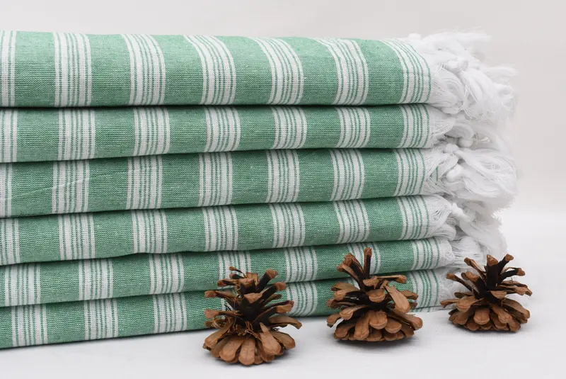 Turkish Towel Beach Dark Green Striped Handmade Gift, 70x40 Inches