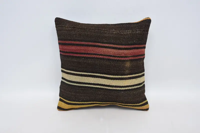 Muted Cushion, Cushion Cover, Accent Throw Pillow Sham, Vintage Kilim Throw Pillow, Kilim Cushion Sham, 16x16 Brown Cushion Case, Gift Pillow - 1