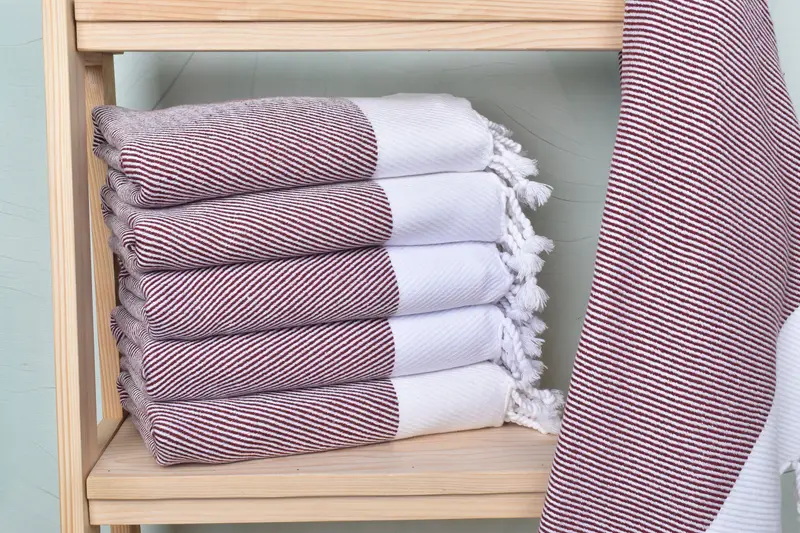 Throw Blanket Cotton Linen Burgundy Beige, Handmade 40x71 Inches