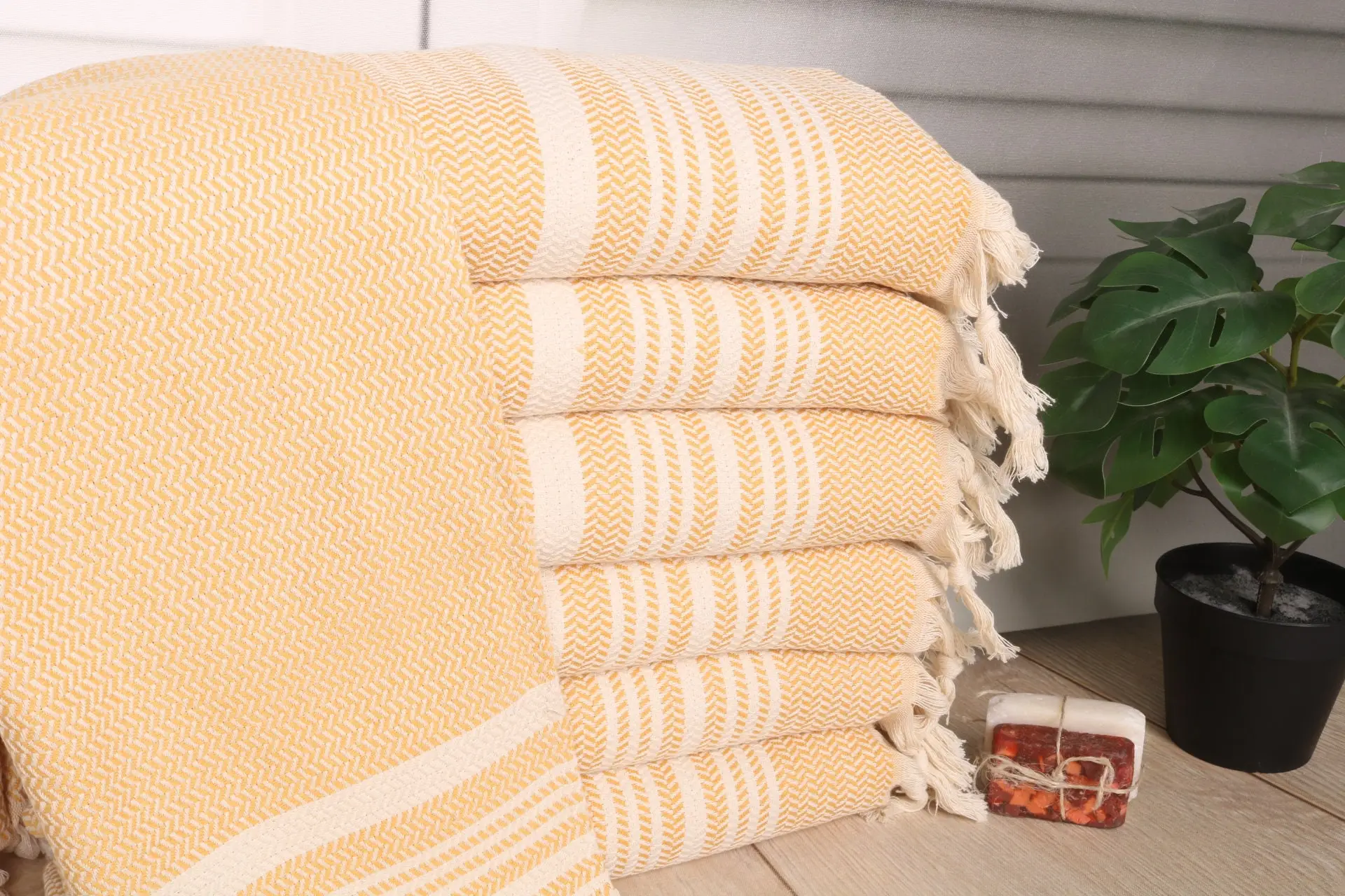 Mustard Cotton Hand Towel, Small Bath Towel, Striped, 18x40 Inches - 1