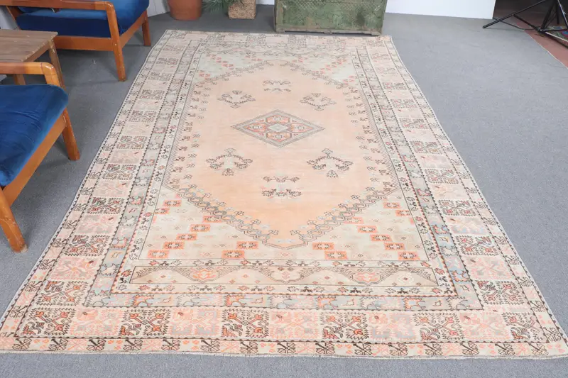 Vintage Rug, 6.2x9.7 ft Turkish Rug, Orange Blue Wool Rug - 1