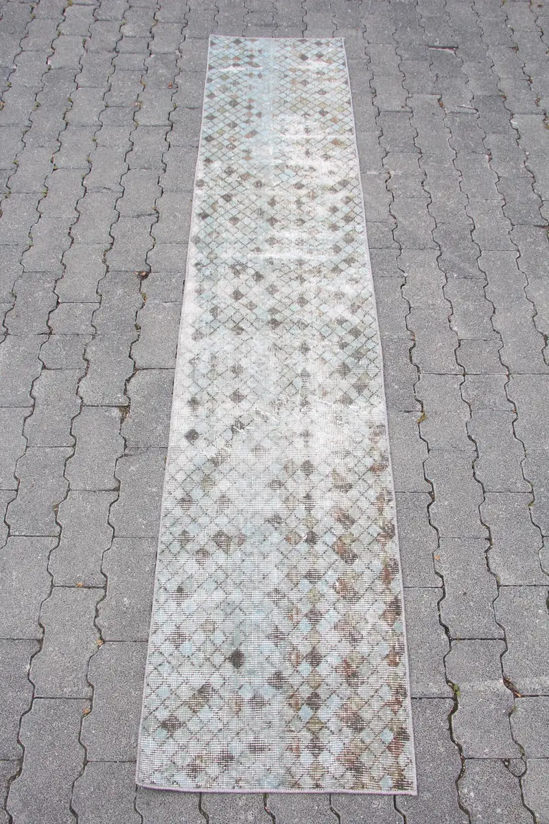 Vintage Türk Halısı, 1.6x7.8 ft Oushak Halı, Mavi Runner Kamuflaj Halı - 1