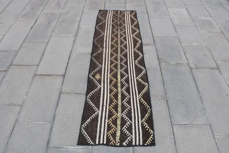 Vintage Turkish Rug, 1.8x6.3 ft Kilim Rug, Brown White Bordered Rug - 1