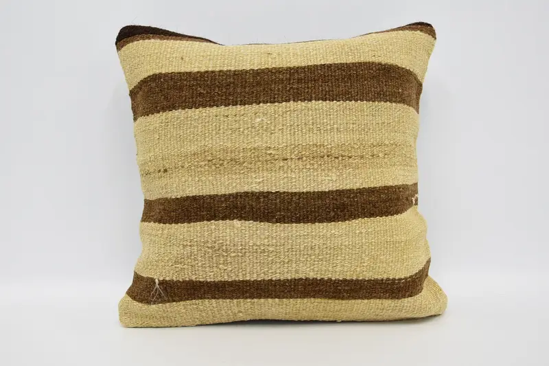 Square Striped Throw Pillow, Moroccan Beige Room Makeover 16x16 inch Cushion Cover - 1