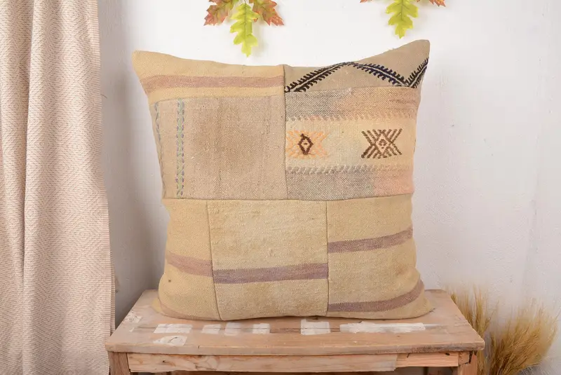 Embroidered Patchwork Throw Pillow, Vintage Beige & Purple Cushion