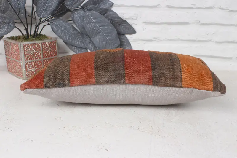 Throw Kilim Pillow, Neutral Cushion Case, Ethnical Kilim Rug Pillow, 8x16 Orange Cushion Cover, Kilim Cushion Sham, Pillow - 5