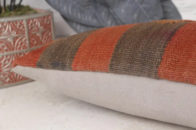 Throw Kilim Pillow, Neutral Cushion Case, Ethnical Kilim Rug Pillow, 8x16 Orange Cushion Cover, Kilim Cushion Sham, Pillow - 7