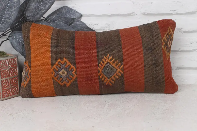 Throw Kilim Pillow, Neutral Cushion Case, Ethnical Kilim Rug Pillow, 8x16 Orange Cushion Cover, Kilim Cushion Sham, Pillow - 1