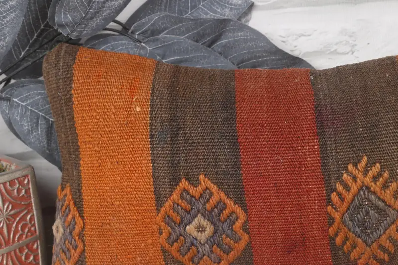 Throw Kilim Pillow, Neutral Cushion Case, Ethnical Kilim Rug Pillow, 8x16 Orange Cushion Cover, Kilim Cushion Sham, Pillow - 2