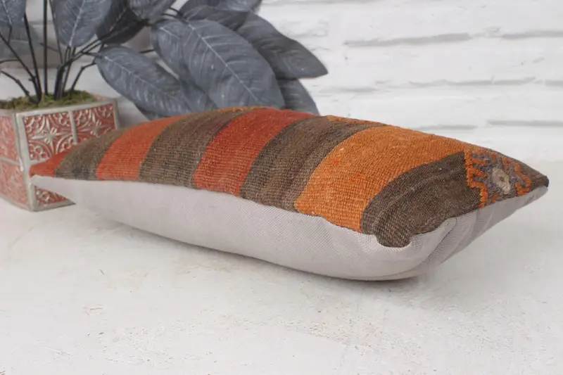 Throw Kilim Pillow, Neutral Cushion Case, Ethnical Kilim Rug Pillow, 8x16 Orange Cushion Cover, Kilim Cushion Sham, Pillow - 6