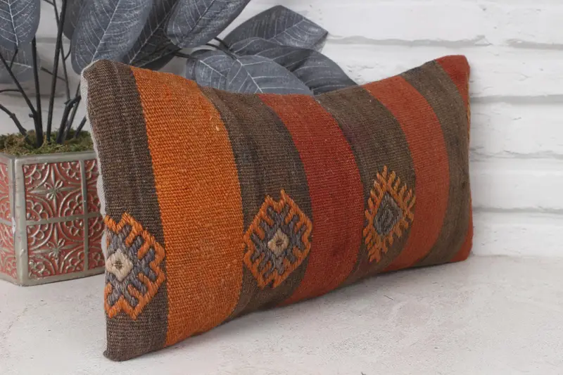 Throw Kilim Pillow, Neutral Cushion Case, Ethnical Kilim Rug Pillow, 8x16 Orange Cushion Cover, Kilim Cushion Sham, Pillow - 4