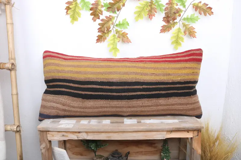 Vintage Kilim Throw Pillow, Pillow, Yoga Pillow Case, Turkish Bench Cushion Case, Antique Pillows, Boho Pillow, 16x36 Brown Pillow Case - 1