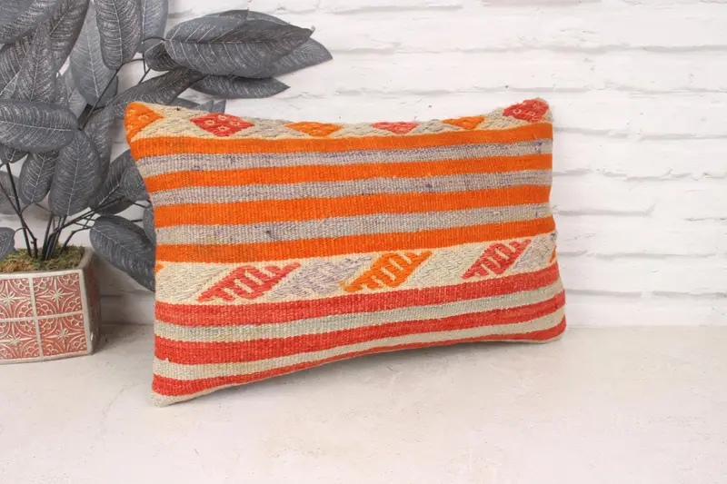 Kilim Pillow Cover, 12x20 Orange Pillow Cover, Traditional Pillow Case, Turkish Kilim Pillow, Pillow Sham, Home Decor Pillow, Natural Pillow Case - 3