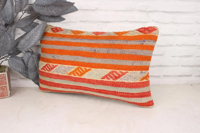 Kilim Pillow Cover, 12x20 Orange Pillow Cover, Traditional Pillow Case, Turkish Kilim Pillow, Pillow Sham, Home Decor Pillow, Natural Pillow Case - 4