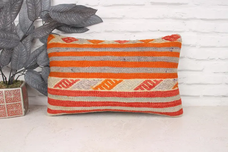 Kilim Pillow Cover, 12x20 Orange Pillow Cover, Traditional Pillow Case, Turkish Kilim Pillow, Pillow Sham, Home Decor Pillow, Natural Pillow Case - 1
