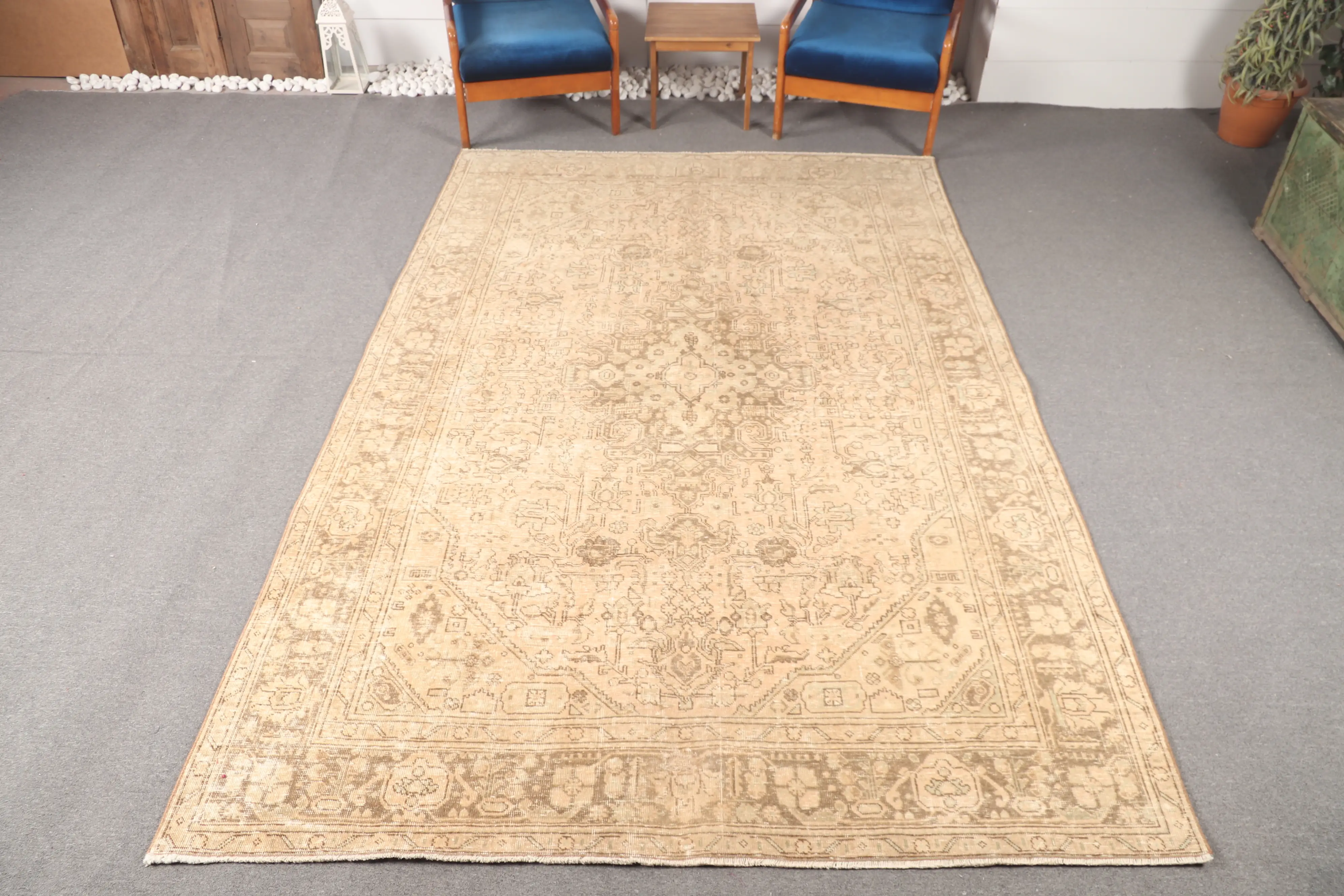 6.7x9.8 ft Halı, Türk Vintage Halısı, Kahverengi Oushak Halısı - 1
