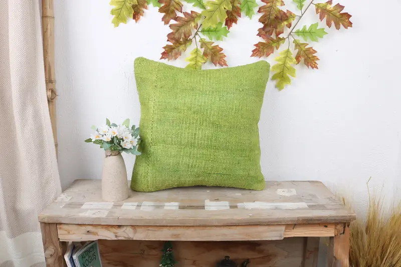 Home Decor Pillow, Cushion Case, Vintage Pillow, 16x16 Green Pillow Cover, Sofa Bolster Pillow Cover, Ethnical Kilim Rug Pillow - 1