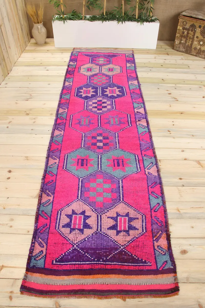 ハンドメイド 0.3x11.1 フィート ラグ、ピンク & ブルー ペルシャ柄