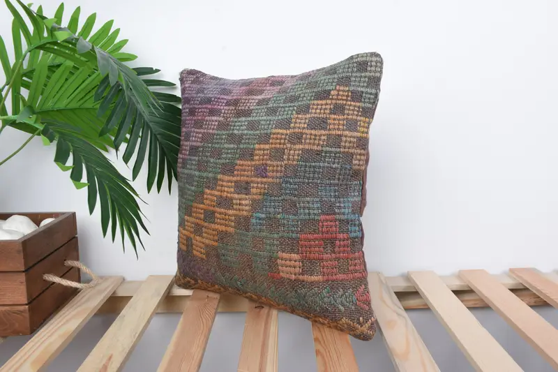 Vintage Kilim Pillow, Kilim Pillow Cover, Yoga Pillow Cover, Pillow Sham, 14x14 Green Pillow Cover, Pillow for Couch, Decorative Bolster Pillow Sham - 5