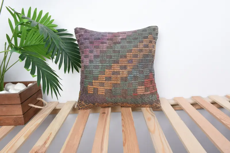 Vintage Kilim Pillow, Kilim Pillow Cover, Yoga Pillow Cover, Pillow Sham, 14x14 Green Pillow Cover, Pillow for Couch, Decorative Bolster Pillow Sham - 1