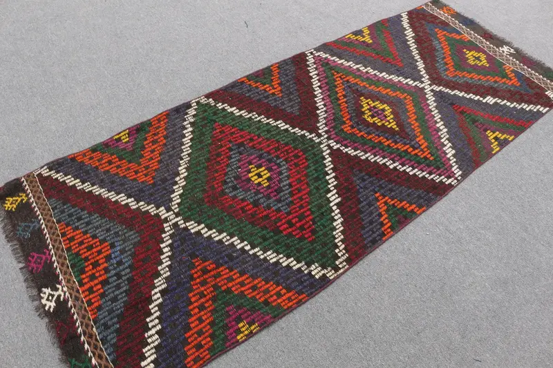 Vintage Kilim Rug 3.1x7.7 ft (95x236 cm), Red Floral Turkish Rug