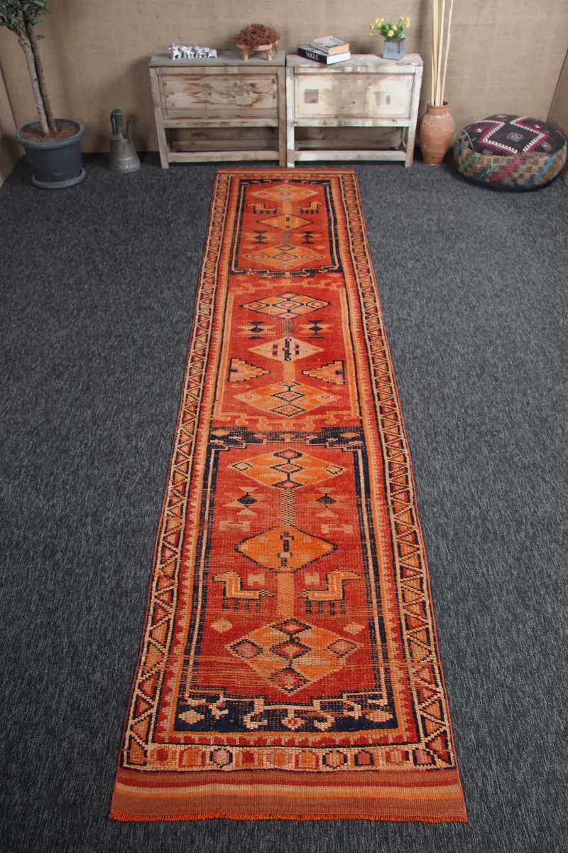 3x12,6 ft Vintage Herki Teppich, türkischer Teppich, oranger geometrischer Wollteppich - 1