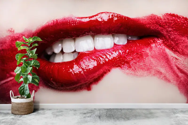 Modern Wall Paper, , Bright Wall Paper, Custom Wall Paper, Red Lip Wall Paper, Red Lipstick Wall Print, Nude Wall Print, Mature Artwork - 2