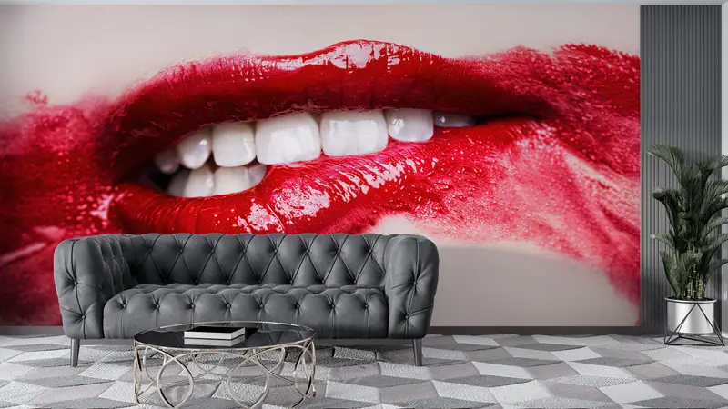 Modern Wall Paper, , Bright Wall Paper, Custom Wall Paper, Red Lip Wall Paper, Red Lipstick Wall Print, Nude Wall Print, Mature Artwork - 1