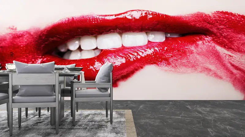 Modern Wall Paper, , Bright Wall Paper, Custom Wall Paper, Red Lip Wall Paper, Red Lipstick Wall Print, Nude Wall Print, Mature Artwork - 8