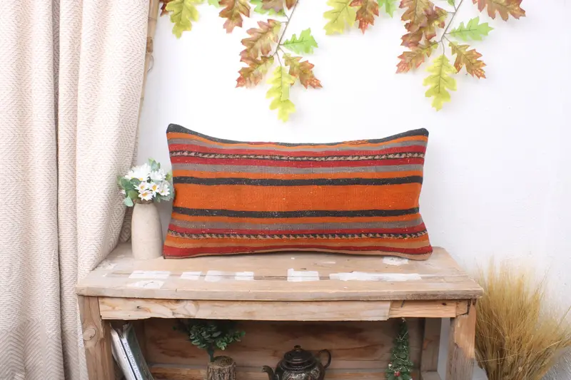 Living Room Throw Pillow Sham, Pillow Cover, 12x24 Orange Cushion Cover, Turkish Pillow, Boho Pillow, Kilim Pillow Cover, Shabby Chic Cushion Case - 1