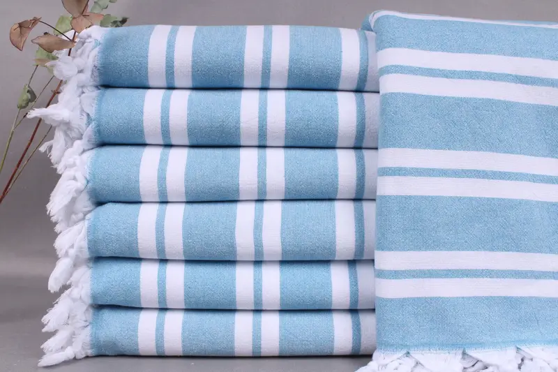 Personalized Organic Beach Towel Petrol Blue Striped Terry, 36x67 Inches