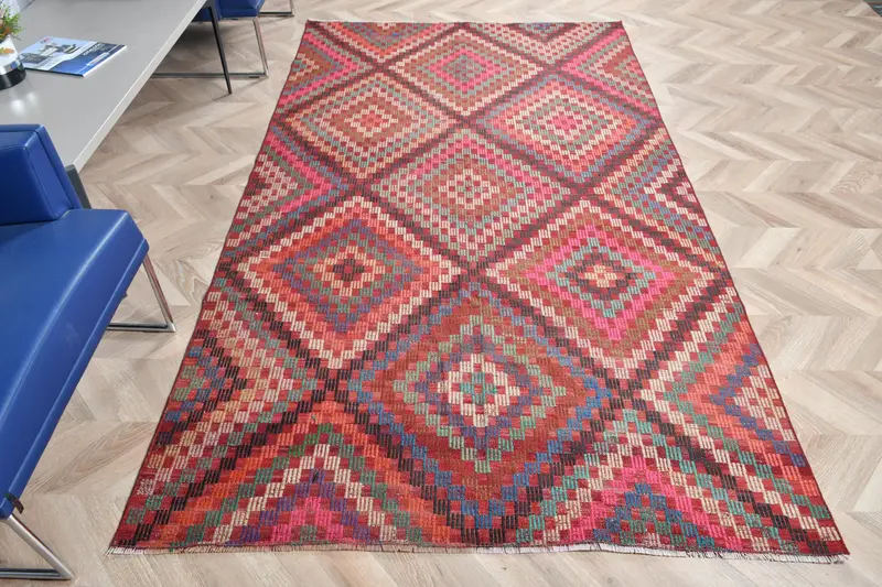 Kırmızı, Yeşil Çiçekli Halı, 4,8x8,6 ft Zarif Dekor