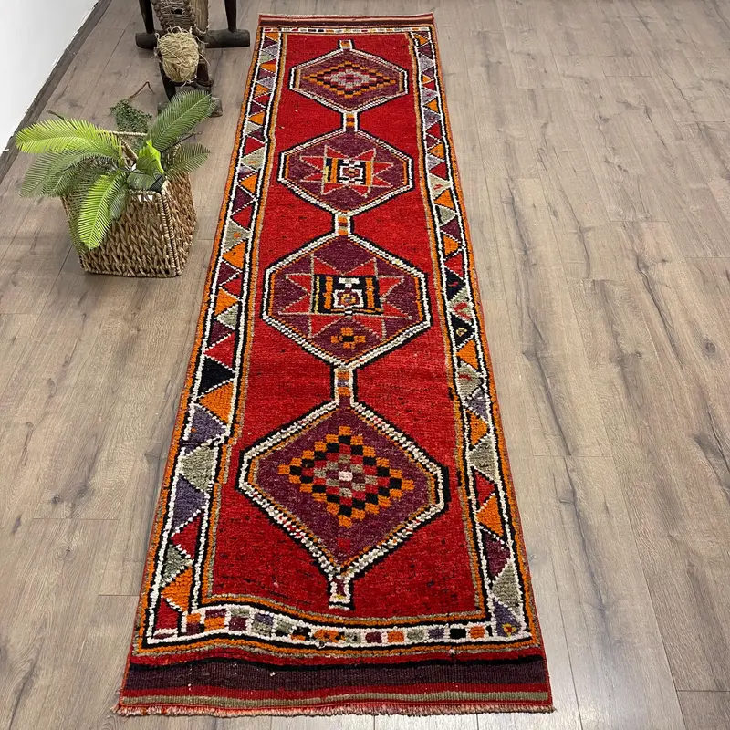 Kırmızı, Mor Güneybatı Halısı, 2,7x10,3 ft Şık Dekor